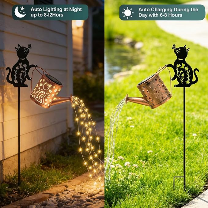 Solar Outdoor Garden Decorative, Watering Can with Light, Featuring Metal Cat Silhouette Garden Stake, Mother's Day Gift for Women, Waterproof Garden Decor (1 Pc Cat Watering Can Light)