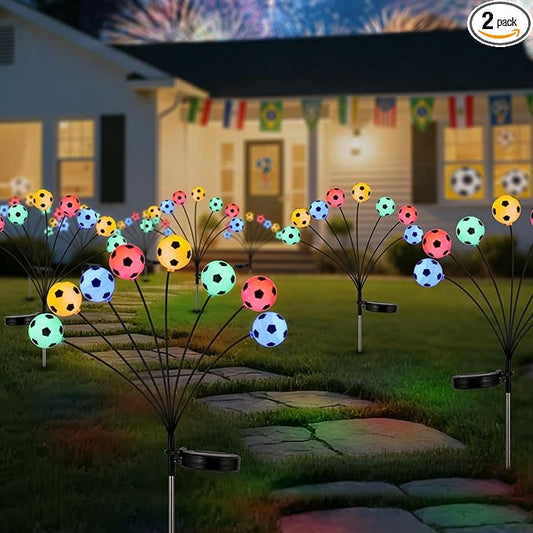 Solar Football Garden Lights – Swaying LED Solar Lights Outdoor for World Cup Decor, Outdoor Waterproof Patio & Yard Lights with Flexible Wire & Heavy Base, Multi-Colored (2 Pack)