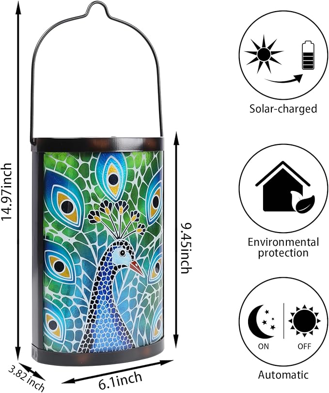 Hanging Solar Lantern Outdoor Waterproof Peacock Solar Lights Glass Tabletop Decorative Lamp for Outdoor Patio | Lumora