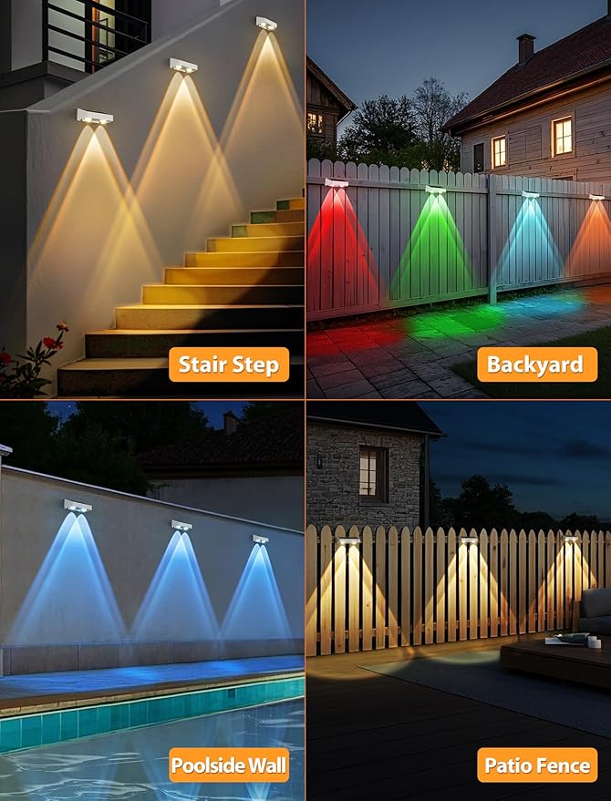 Solar Fence Lights, 7 RGB Colors, Warm White, Cool White Bright Lens LED, Dusk to Dawn Deck Light, Fence Solar Lights Outdoor Waterproof for Backyard/Railing/Wall/Step/Patio/Pool (12 Pack White Shell)