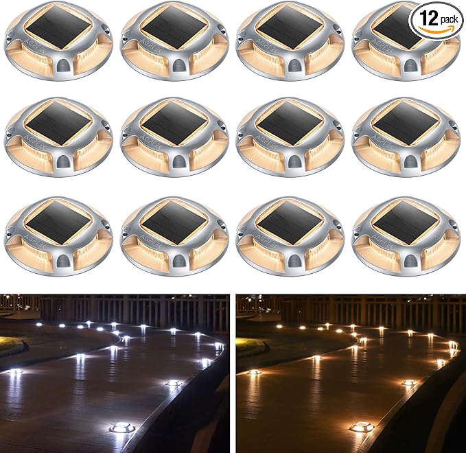 AGPTEK Solar Driveway Lights Outdoor 12 Pack, 2 Color Modes LED Deck Dock Marine Waterproof Driveway Marker Lights | Lumora