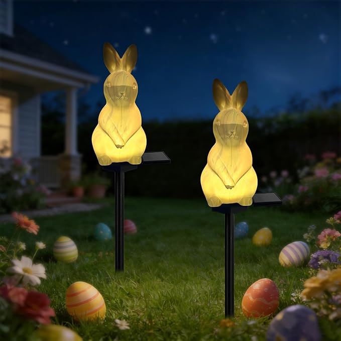 2 Pack Solar Easter Bunny Lights Outdoor, Waterproof Solar Easter Decorations Outdoor Bunny Rabbit Light Easters Yard Stakes Lights for Outside Lawn Walkway Patio (Blending Colors)