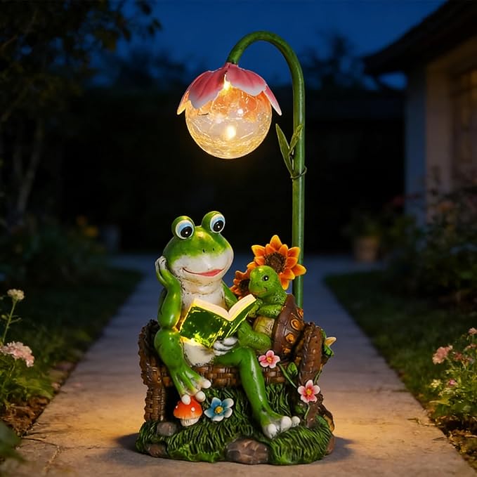 Afirst Solar Garden Statues, Frog Statues Outdoor Resin Figurine with Solar Lights Statue Decorations for Lawn, Patio, Balcony, Yard Ornament, Frog&turtle