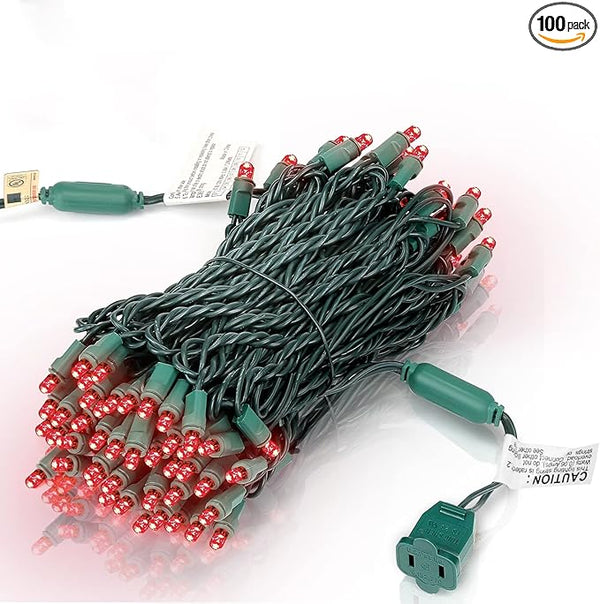100 Counts LED Christmas Lights - 50 ft 5mm Red Commercial Grade Waterproof Indoor/Outdoor String Lights, Green | Lumora
