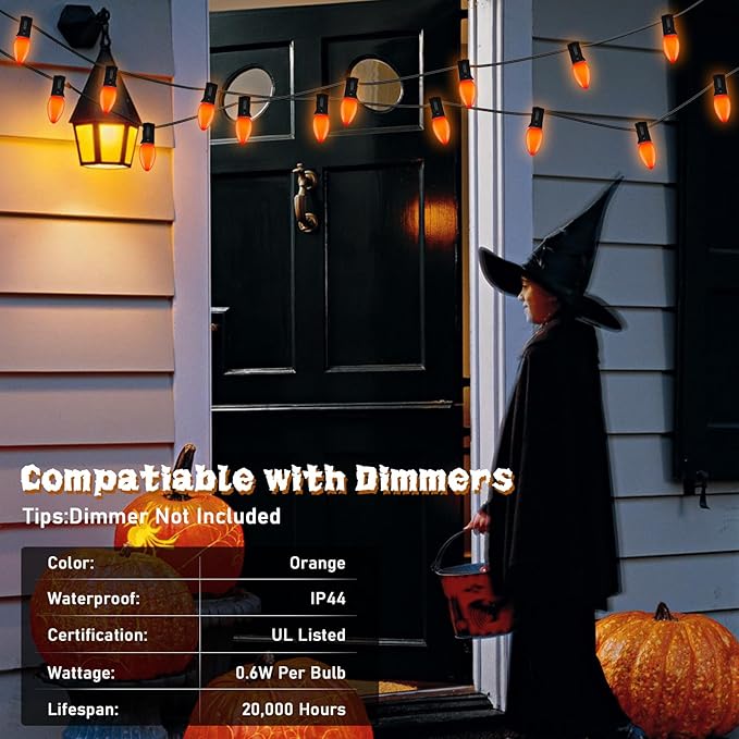 SUNSGNE C7 LED Orange String Lights Outdoor, 25FT Halloween String Lights with 27 LED Orange Lights(2 Spare) for | Lumora