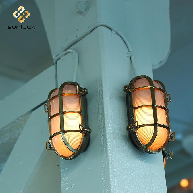 Sunluck Brass Bulkhead Light,Grid Oval Nautical Wall Light,Lampshade,Ceiling Mount Lighting,Sauna Light Waterproof | Lumora