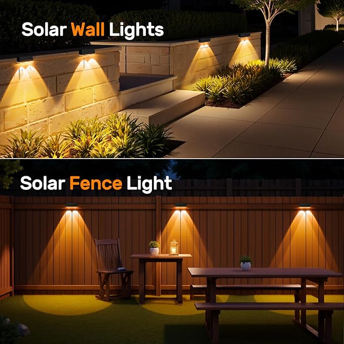 NIORSUN 12 Pack Solar Fence Lights, LED Outdoor Lights, Warm White + RGB, IP45 Waterproof, Black | Lumora
