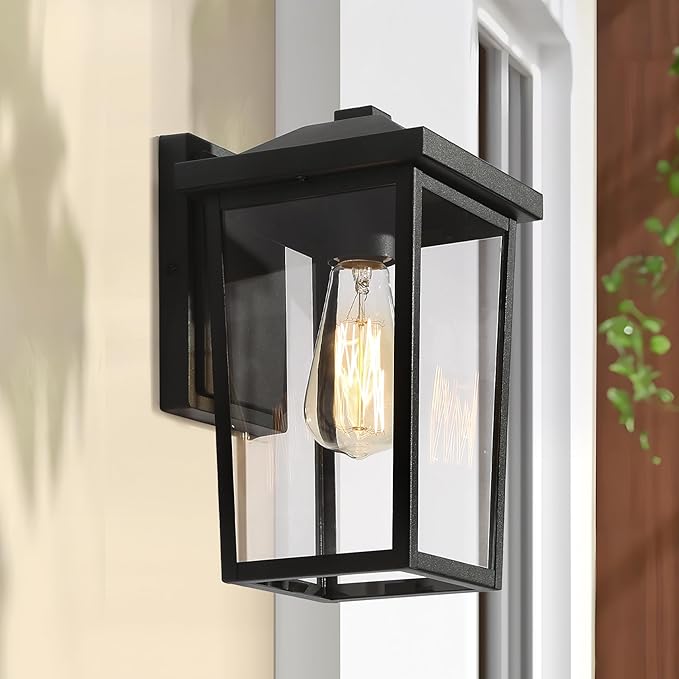 LALUZ Black Outdoor Wall Lights for House, Modern Farmhouse Porch Patio Lights Outdoor Wall Mount with Clear Glass, Waterproof Rectangular Exterior Outdoor Sconce Wall Lantern Light Fixture