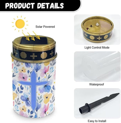 Poceacles Cross Solar Lights Outdoor Waterproof Cemetery Lights Solar Powered Grave Solar Lantern Outdoor Waterproof Walkway Lights for Lawn Garden Pathway, Blue Floral Cross, Pack of 2