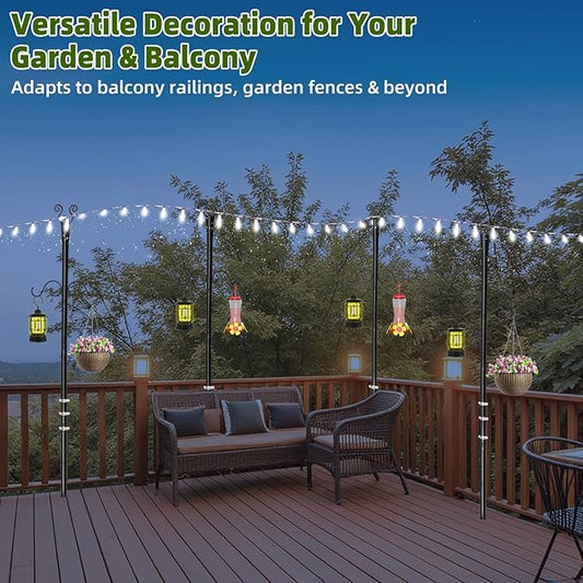 4 Pack Outdoor Patio Light Poles for String Lights, 10Ft Heavy Duty Metal String Light Poles with Shepherds Hooks for Hanging Plant & Bird Feeder, Deck Pole for Outdoor Strings Lights