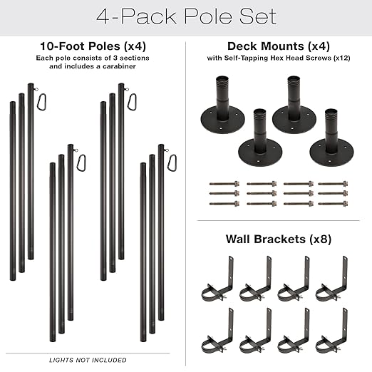 EXCELLO Global Products Premium String Light Poles - 4 Pack - Extends to 10 Feet – Deck Mount - Outdoor Path Light | Lumora