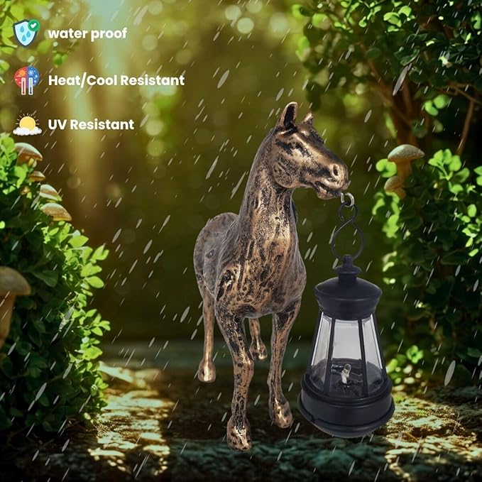 Horse Garden Statue with Solar Lantern,Garden Outdoor Horse Figurines Decor for Farmhouse Patio Yard Lawn Home Gifts for Mom Grandma Wome Housewarming Christmas Birthday (Bronze)