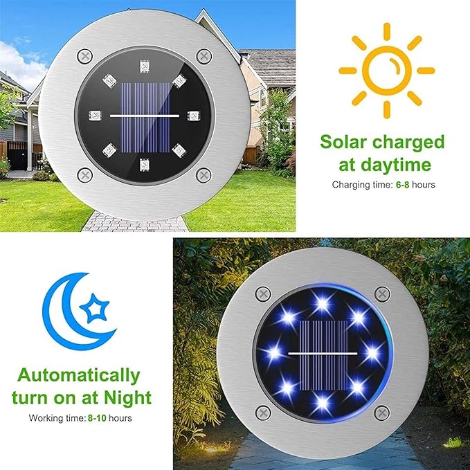 Solar Ground Lights, Solar Ground Lights Stainless Steel Outdoor 8 LED Solar Disk Lights， IP 65 Waterproof for Yard | Lumora