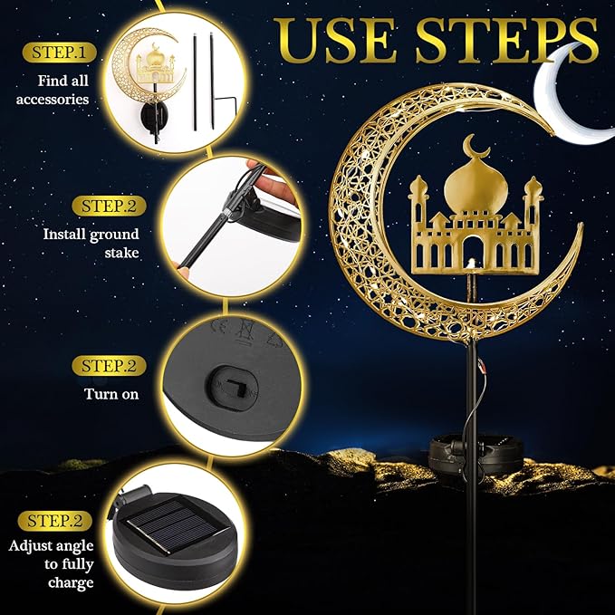 2 Pcs Ramadan Solar Lights Ramadan Decorations Outdoor Mubarak Star Moon Solar Stakes Lights Waterproof for Eid Decorations Outdoor Garden Walkway Lawn Patio Yard(Muslim)