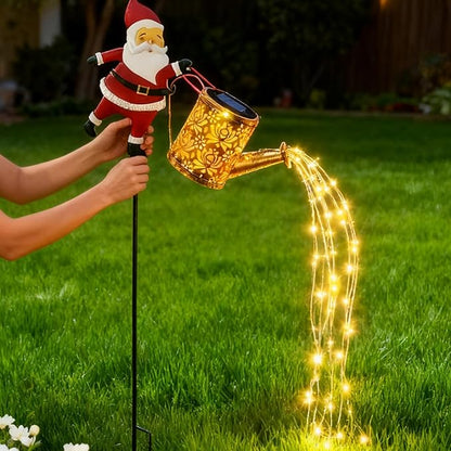 Santa Claus Watering Can Solar Lights Outdoor, Waterproof Father Christmas Solar Garden Lights, Santa Claus Solars Watering Can with LED Cascading Light, Solars Lanterns Father Christmas Decoration