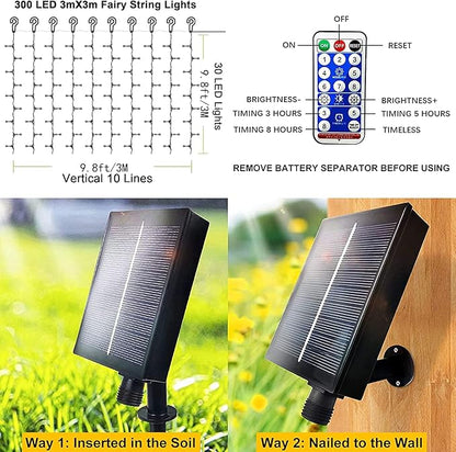 2 Pack Solar Curtain Lights Outdoor Garden Fairy String Lights 300 LED 8 Modes Remote Control Waterproof Solar Waterfall Lights for Gazebo Patio Party Festival Wedding Christmas Decorations(Warm)