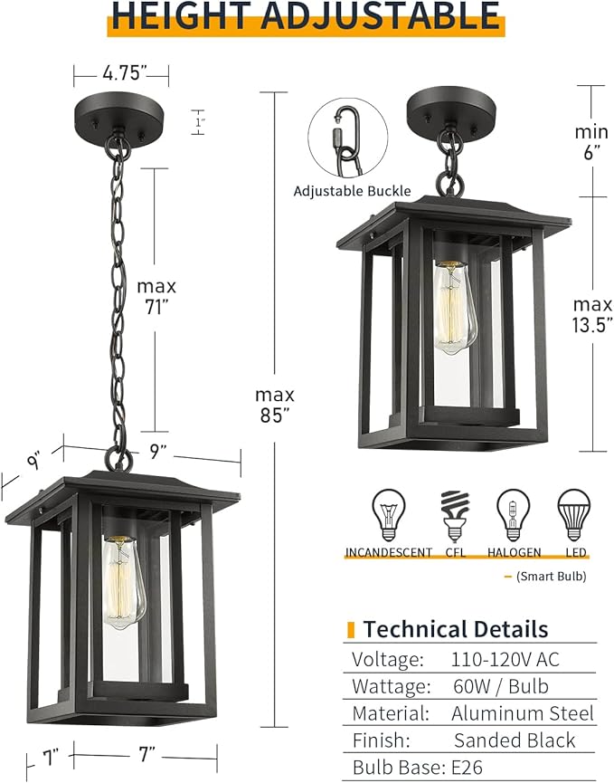 Beionxii Outdoor Pendant Light for Porch, Large Exterior Hanging Lantern Outside Chandelier Black Cast Aluminum w/Clear Glass (13.5" x 9") - A197H-1PK