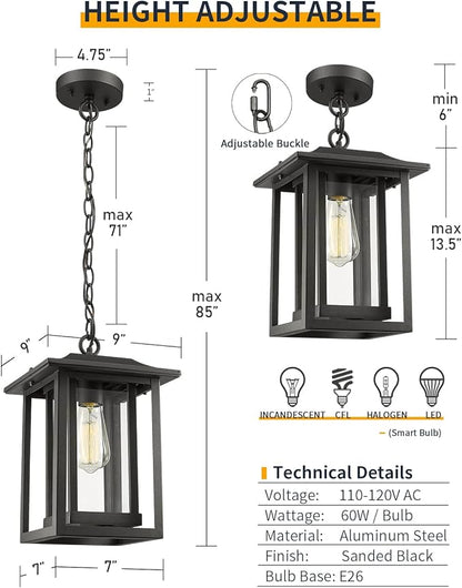 Beionxii Outdoor Pendant Light for Porch, Large Exterior Hanging Lantern Outside Chandelier Black Cast Aluminum w/Clear Glass (13.5" x 9") - A197H-1PK