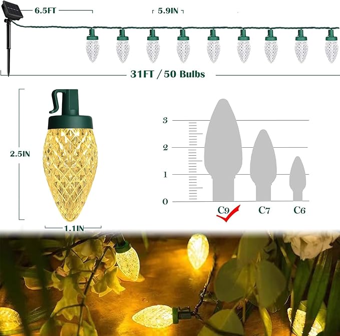 C9 Solar Powered LED Christmas String Lights 50 LED Waterproof Strawberry Light with 8 Mode Green Wire Lighting for Outside Patio Wedding Party Decor