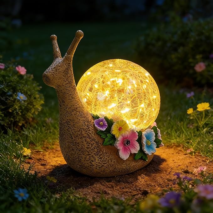 Solar Snail Garden Decorations Outdoor Lights Yard Decor,Resin Fariy Statues Cracked Glass lamp Outside for Backyard Patio Lawn Porch,Unique Gifts for Women Mom Grandma