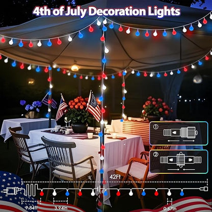 Connectable Red White and Blue String Lights Outdoor Indoor, 42FT 100LED 4th of July Decorations Plug in with Timer, 13 Modes Patriotic Globe Waterproof Fairy Lights for Independence Day Memorial Day