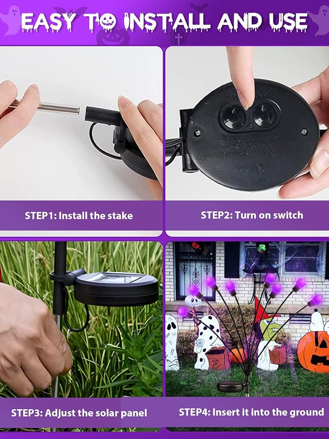 Albelt Halloween Decorations Outdoor, 6 Pack Solar Firefly Lights Outdoor, 48 LED Solar Halloween Lights, Waterproof Swaying Garden Light (Sway by Wind) for Outside Yard Pathway Decor (Purple)