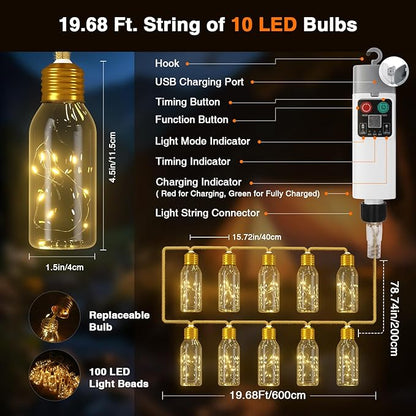 PChero 19.68FT USB Rechargeable Outdoor String Lights with Remote, 10 Shatterproof Bulbs Vintage Hemp Rope Patio Lights, 8 Modes Hanging Fairy Lights for Indoor Outdoor Decor, Balcony, Wedding, Party