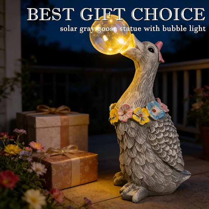 Porch Goose Statue with Solar Bubble Light Garden Gray Figurine Decor for Yard Lawn Patio Outdoor Decorations Housewarming Gifts for Mom Grandma Women