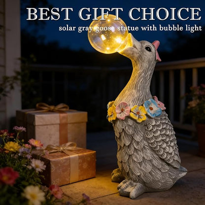 Porch Goose Statue with Solar Bubble Light Garden Gray Figurine Decor for Yard Lawn Patio Outdoor Decorations Housewarming Gifts for Mom Grandma Women