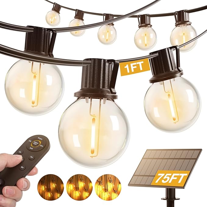 addlon 81FT(75+6) Solar String Lights Outdoor with 1FT Bulb Spacing, 75+2 Commercial G40 LED Bulbs, Solar & USB | Lumora
