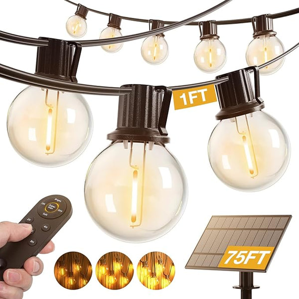 addlon 81FT(75+6) Solar String Lights Outdoor with 1FT Bulb Spacing, 75+2 Commercial G40 LED Bulbs, Solar & USB | Lumora