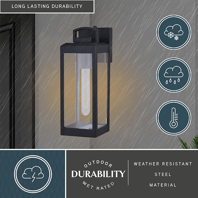 VAXCEL Kinzie Outdoor Porch Light, 5" W x 14.25" H Black Outdoor Lantern, Modern Dusk to Dawn Wall Light for Porch | Lumora