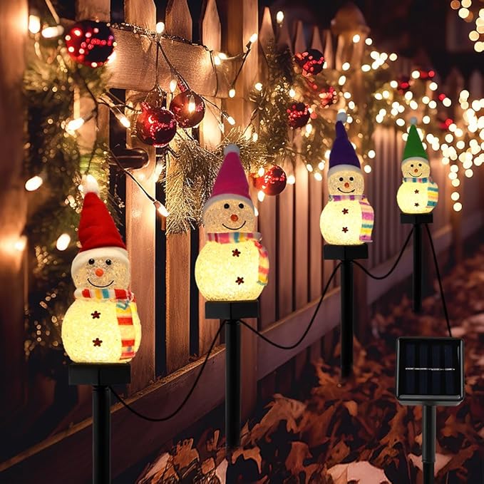 4 Pcs Solar Christmas Snowman Pathway Lights, Outdoor Snowman Stakes Light Ornaments for Yard Garden Lawn Landscape Patio Walkway Decor