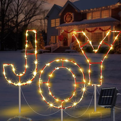 VIHOSE 3 Pcs Solar Christmas Joy Nativity Lighted Decorations Metal Joy Letters Outdoor Solar Stake Christmas Decorations Lighted Sign for Holiday Xmas Yard Garden Church Eve Party Night