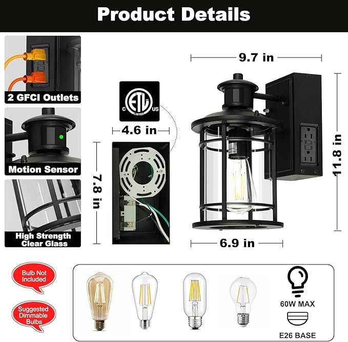 OKELI Retro Industrial Black Outdoor Wall Lights with GFCI Outlet - Dusk to Dawn & Motion Sensor Porch Light, 3 Modes, Waterproof Anti-Rust Exterior Sconce for Porch,Garage, Patio, House