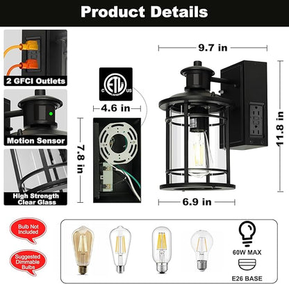OKELI Retro Industrial Black Outdoor Wall Lights with GFCI Outlet - Dusk to Dawn & Motion Sensor Porch Light, 3 Modes, Waterproof Anti-Rust Exterior Sconce for Porch,Garage, Patio, House
