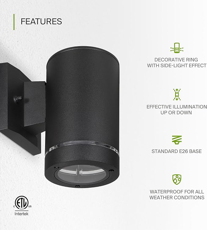 ASD 1 Light Outdoor Wall Light Fixture | 60W E26 Bulb Socket 120V ETL Cylinder Up Down Lights | | Lumora