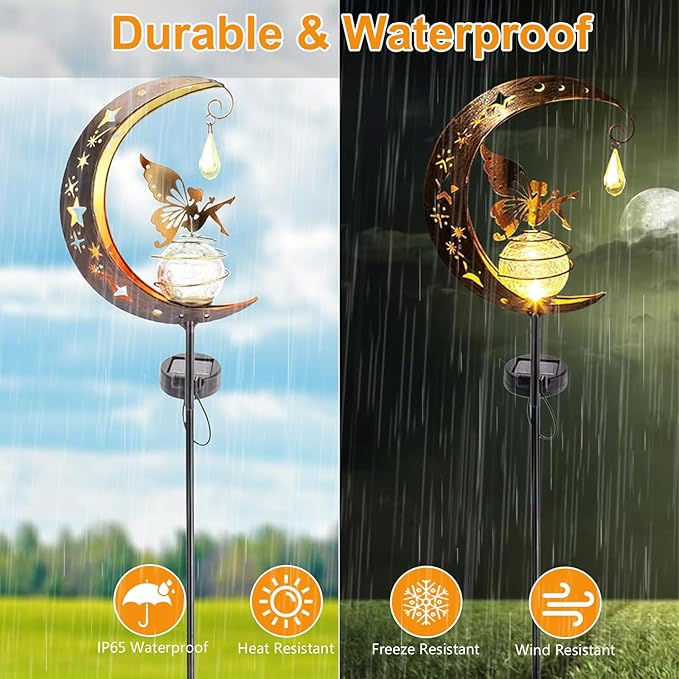 Fairy Garden Decor, Moon Fairy Garden Solar Light with Crackle Glass Globe, Waterproof LED Yard Decorations Outdoor Solar Yard Lights for Landscape Pathway Lawn Patio (Moon)