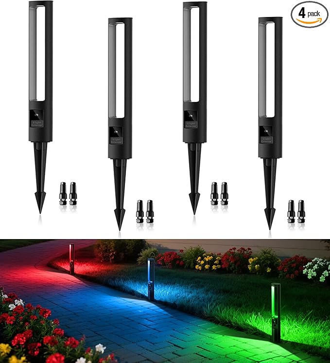 MEIKEE 5W RGB Low Voltage Landscape Lighting, 12-24V RGB Color Changing LED Pathway Lights, IP66 Waterproof Aluminum Outdoor Landscape Lights for Garden Yard Decoration 4 Pack