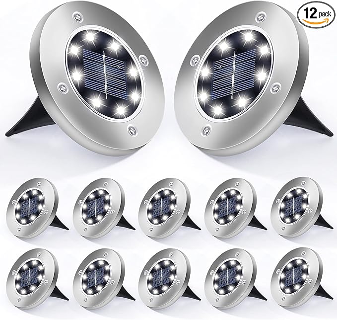 Aogist 12 Pack Solar Disk Lights - 8 LED In-Ground Outdoor Landscape Lights for Pathway, Yard, Walkway, Patio, Lawn | Lumora