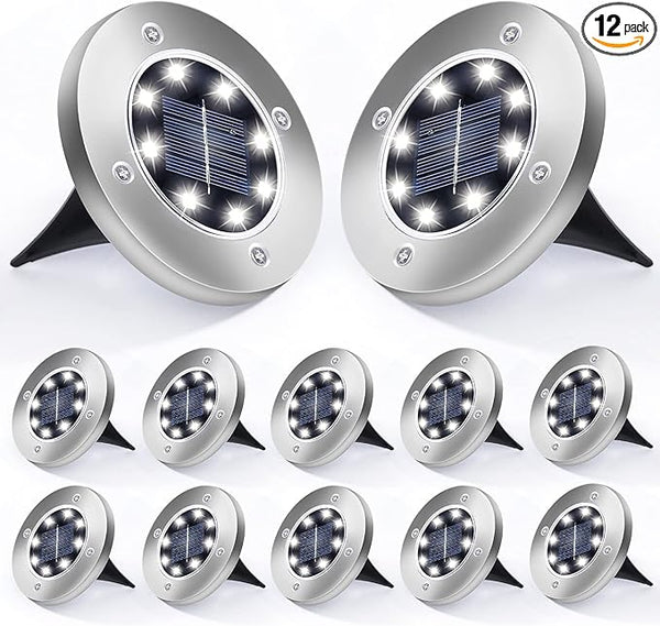 Aogist 12 Pack Solar Disk Lights - 8 LED In-Ground Outdoor Landscape Lights for Pathway, Yard, Walkway, Patio, Lawn | Lumora