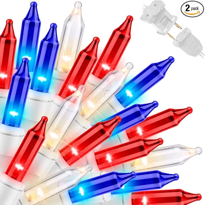 LAMPHOME Patriotic String Lights - Red White Blue Mini Lights with White Wire - 31.9Ft 300 Count UL Certified String Lights for Independence Day Patriotic Holidays Decoration (Red, White & Blue)