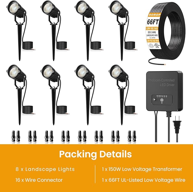 Low Voltage Landscape Lighting Kit, 6W Landscape Lights with Transformer 66FT UL-Listed Wire & Connectors, 3000K | Lumora