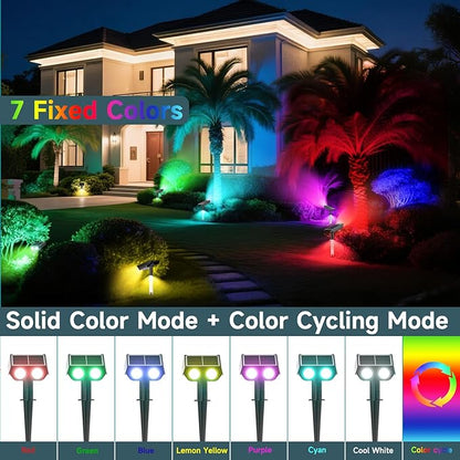 RGB Solar Spot Lights : 2 IN 1 Solar Lights Outdoor with 8 Lighting Modes & PC Light Guide Column for Tree Garden Yard Pathway | RGB Color Changing Landscape Lights | IP65 Waterproof | 4 Pack