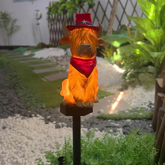2pcs Highland Cow Solar Garden Lights, Outdoor, Small, Red, Rustic, Waterproof, LED, Path, Flush Mount, Touch Control, 2 Count