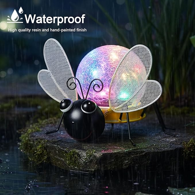 Solar Lights Outdoor Bee Decor with Crackle Glass Globe Lights - Cute Metal Bee Decor for - Garden Figurine Light | Lumora