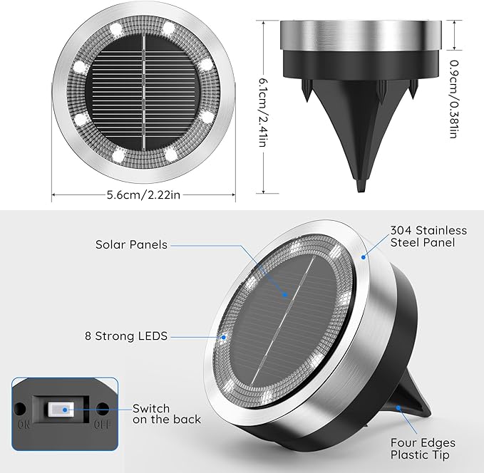 Solar Ground Lights Outdoor, 8 Pack Solar Lights Outdoor Waterproof, Mini Flat Solar-Powered Garden Light, Landscape Lighting for Garden Yard Lawn Pathway Walkway Driveway Backyard Decor, Cold White