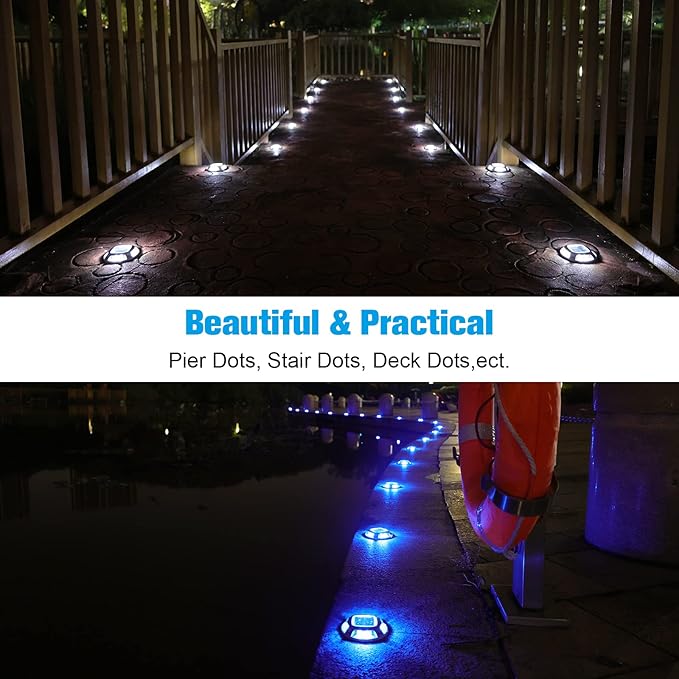 VOLISUN Solar Driveway Dock Marine Lights 8-Pack,2 Colors in 1,Outdoor LED Deck Lights,Solar Powered Waterproof Driveway Marker Light for Warning Step Sidewalk Pathway (White/Blue),Saltwater Resistant
