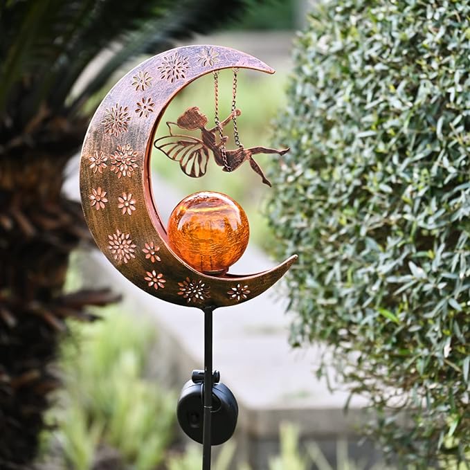 TERESA'S COLLECTIONS Solar Lights Outdoor for Garden Decor, 39" Metal Moon Fairy Pathway Light Garden Statues with Crackle Glass for Patio Decor Lawn Ornaments Yard Art for Outside, Gifts for Mom