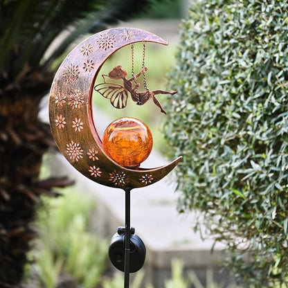 TERESA'S COLLECTIONS Solar Lights Outdoor for Garden Decor, 39" Metal Moon Fairy Pathway Light Garden Statues with Crackle Glass for Patio Decor Lawn Ornaments Yard Art for Outside, Gifts for Mom